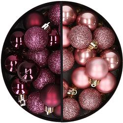 Foto van 34x stuks kunststof kerstballen aubergine paars en oudroze 3 cm - kerstbal