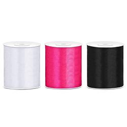 Foto van 3x rollen hobby decoratie satijnlint zwart-wit-fuchsia roze 10 cm x 25 meter - cadeaulinten