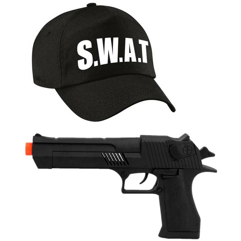 Foto van Politie swat verkleed cap/pet zwart met pistool voor volwassenen - verkleedhoofddeksels