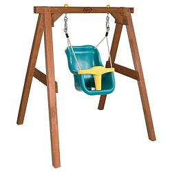 Foto van Axi baby schommel met houten frame & zitje in blauw/geel babyschommel van hout in bruin