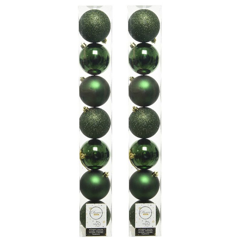 Foto van 14x stuks kunststof kerstballen donkergroen (pine) 8 cm glans/mat/glitter - kerstbal