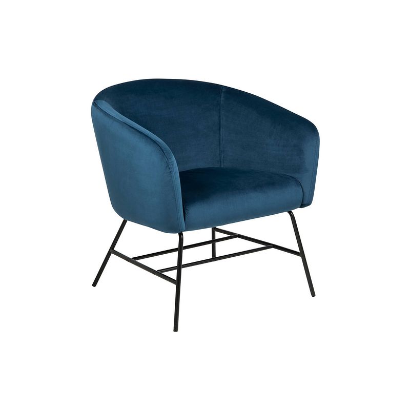 Foto van Ramy fauteuil in marineblauwe stof en zwart metalen onderstel.