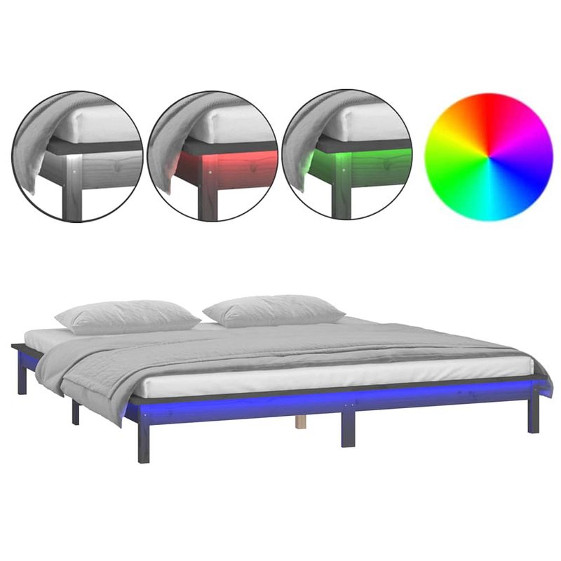 Foto van The living store houten bedframe - led-verlichting - 140x190 cm - grijs