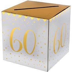 Foto van Enveloppendoos - verjaardag - 60 jaar - wit/goud - karton - 20 x 20 cm - feestdecoratievoorwerp