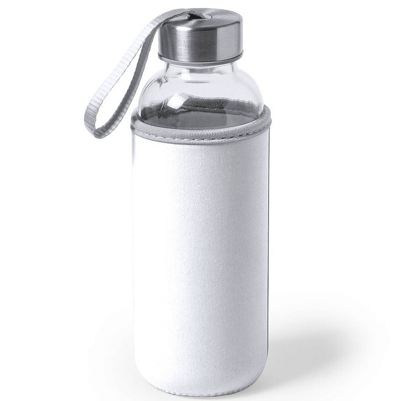 Foto van Glazen waterfles/drinkfles met witte softshell bescherm hoes 420 ml - drinkflessen