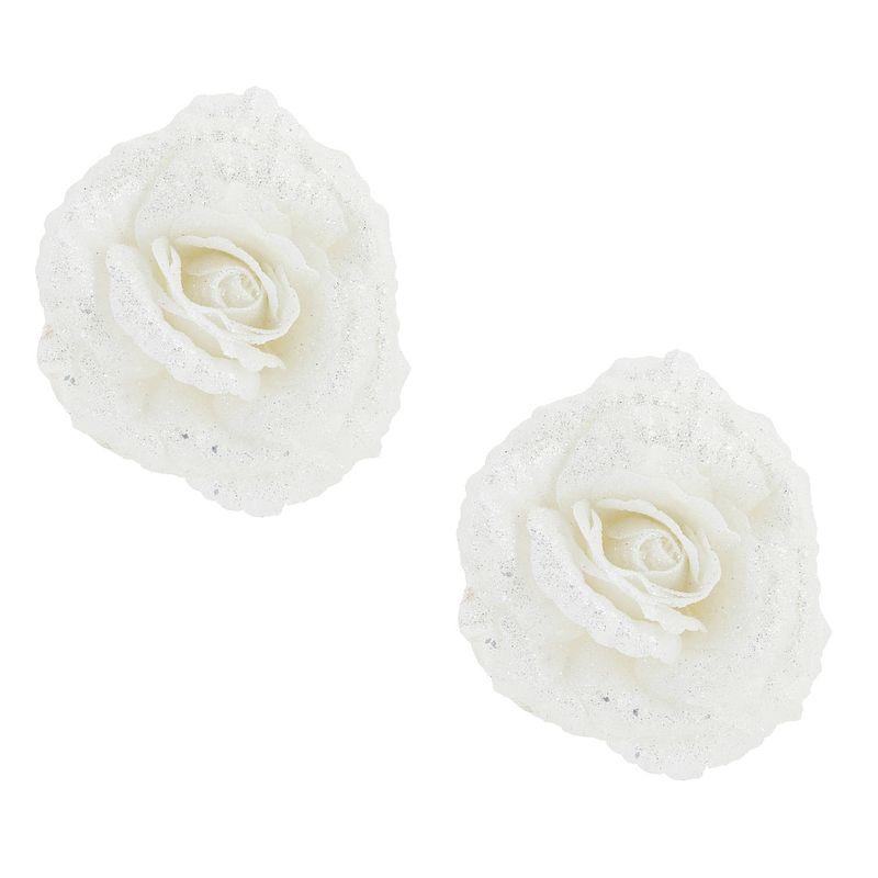 Foto van 2x stuks decoratie bloemen roos wit glitter op clip 18 cm - kersthangers