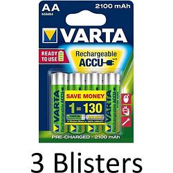 Foto van 12 stuks (3 blisters a 4 st) varta oplaadbare batterijen aa 2100 mah