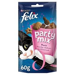 Foto van Felix® party mix picnic met kip, kaas & kalkoensmaak kattensnacks 60g bij jumbo