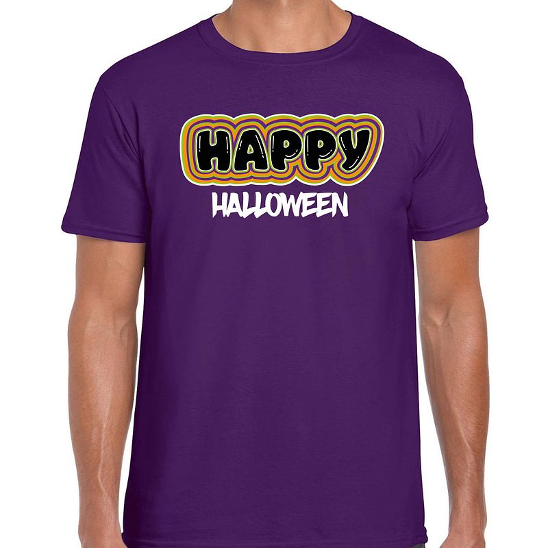 Foto van Bellatio decorations halloween verkleed t-shirt heren - happy halloween - paars - themafeest outfit xl - feestshirts