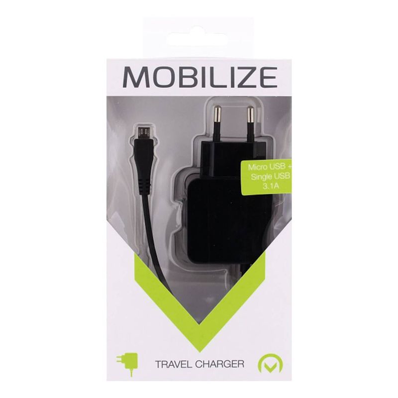 Foto van Mobilize thuislader micro-usb +extra usb 3100ma zwart 1m