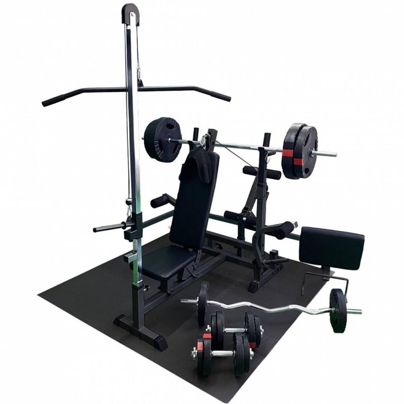 Foto van Gorilla sports fitnessbank zwart met gewichten 100 kg - lat pulley - puzzelmat -