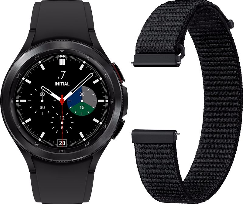 Foto van Samsung galaxy watch4 classic 46 mm zwart + samsung nylon bandje zwart 20 mm