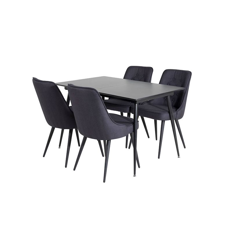 Foto van Silarblext eethoek eetkamertafel uitschuifbare tafel lengte cm 120 / 160 zwart en 4 velvet deluxe eetkamerstal zwart.