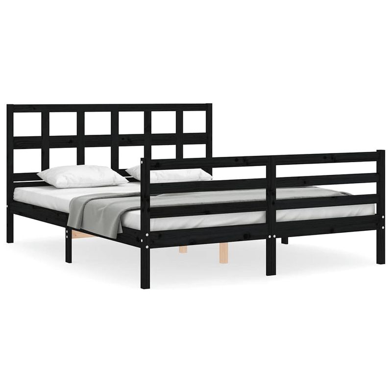 Foto van The living store bedframe massief grenen - dubbel - zwart - 205.5 x 165.5 x 100 cm - multiplex lattenbodem