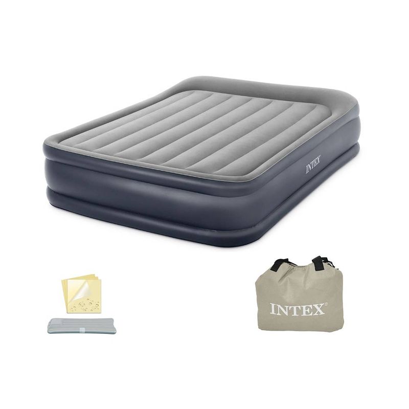 Foto van Intex deluxe pillow rest raised - luchtbed - 2-persoons - 152x203x42 cm (bxlxh) - grijs - met ingebouwde motorpomp