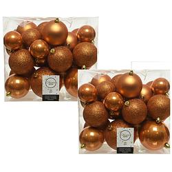 Foto van 52x stuks kunststof kerstballen cognac bruin (amber) 6-8-10 cm glans/mat/glitter - kerstbal