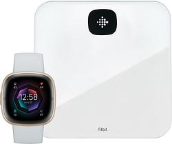 Foto van Fitbit sense 2 blauw/goud + fitbit aria air weegschaal wit