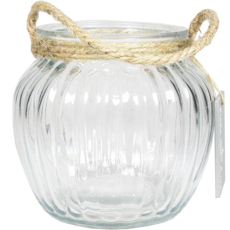 Foto van Glazen ronde windlicht ribbel 2 liter met touw hengsel/handvat 15 x 14,5 cm - waxinelichtjeshouders