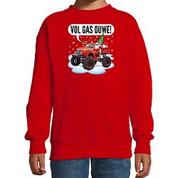 Foto van Bellatio decorations kersttrui/sweater voor kinderen - monstertruck - rood 12-13 jaar (152/164) - kerst truien kind