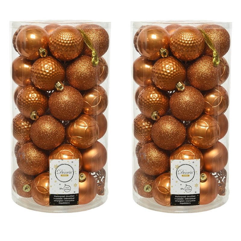 Foto van 74x stuks kunststof kerstballen cognac bruin (amber) 6 cm mat/glans/glitter - kerstbal