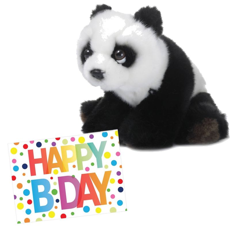 Foto van Pluche knuffel panda beer 15 cm met a5-size happy birthday wenskaart - knuffelberen