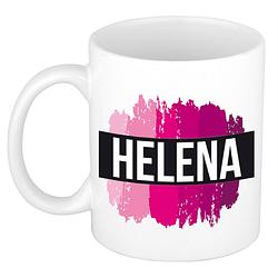 Foto van Naam cadeau mok / beker helena met roze verfstrepen 300 ml - naam mokken