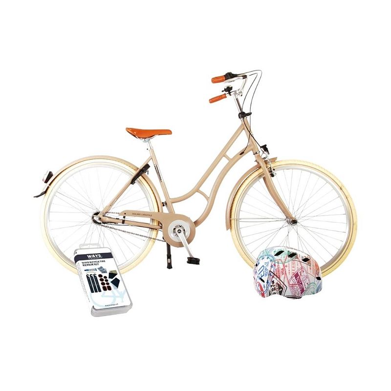 Foto van Volare kinderfiets lifestyle - 48 cm - zand - 3 versnellingen - lage zadelstand - met fietshelm en accessoires