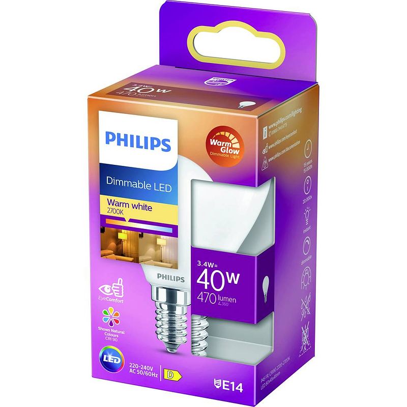 Foto van Philips lighting 871951432447300 led-lamp energielabel d (a - g) e14 kogel 3.4 w = 40 w warmwit (ø x l) 45 mm x 80 mm 1 stuk(s)