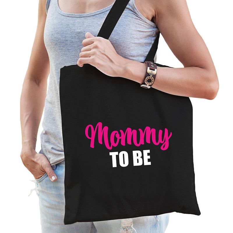 Foto van Mommy to be cadeau katoenen tas zwart voor dames - cadeau aanstaande mama - feest boodschappentassen