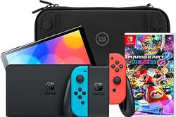 Foto van Nintendo switch oled blauw/rood + mario kart 8 deluxe + bluebuilt travel case