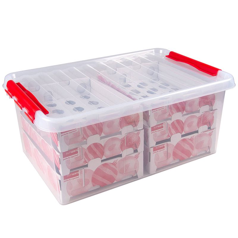 Foto van Sunware q-line kerstballen opbergbox 45l - trays voor 98 kerstballen - transparant/rood