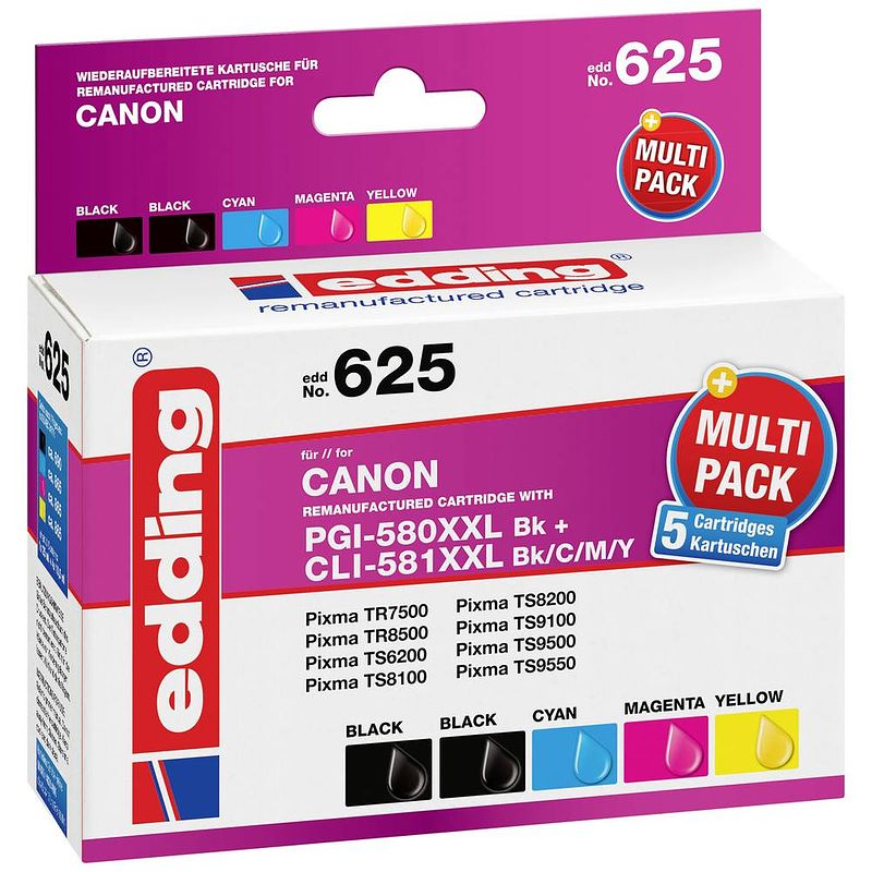 Foto van Edding inkt combipack vervangt canon pgi-580xxlbk/cli compatibel zwart, cyaan, magenta, geel edd-625 18-625