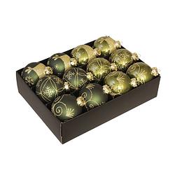 Foto van 12x stuks luxe glazen gedecoreerde kerstballen donkergroen 7,5 cm - kerstbal