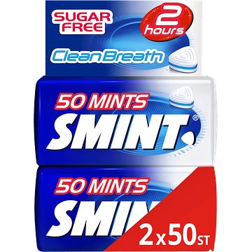 Foto van Smint clean breath peppermint pepermunt suikervrij 2 blikjes 50 stuks keelpastille bij jumbo