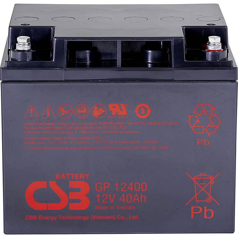 Foto van Csb battery gp 12400 standby usv loodaccu 12 v 40 ah loodvlies (agm) (b x h x d) 197 x 171 x 165 mm m5-schroefaansluiting onderhoudsvrij, geringe zelfontlading