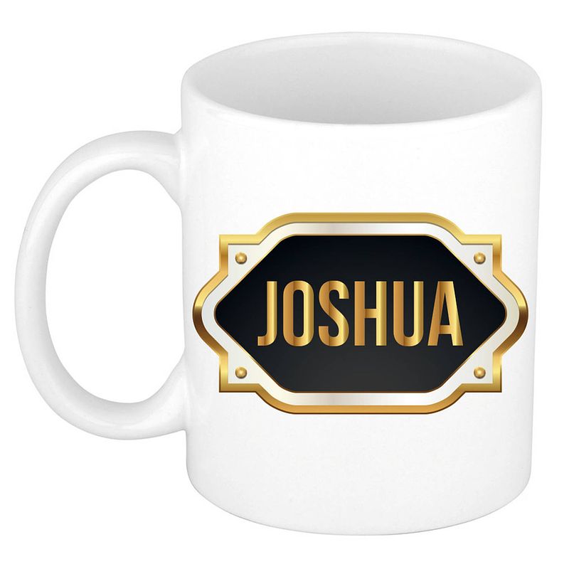 Foto van Naam cadeau mok / beker joshua met gouden embleem 300 ml - naam mokken