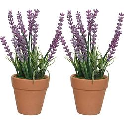 Foto van 2x lavendel kunstplant in terracotta pot - paars - d6 x h18 cm - kunstplanten