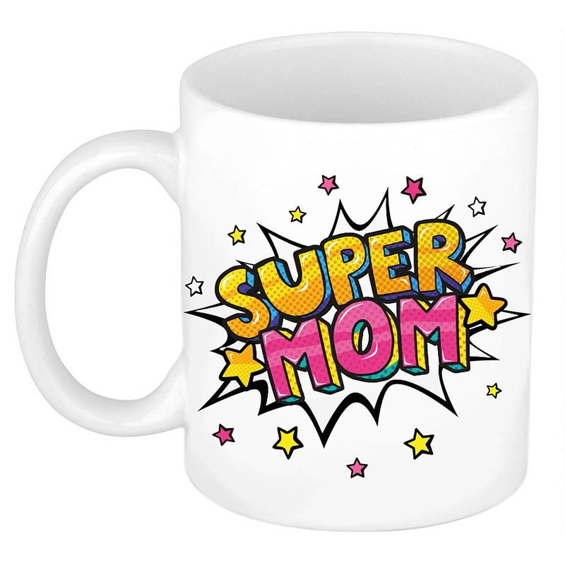 Foto van Super mom cadeau mok / beker wit met sterren 300 ml - feest mokken