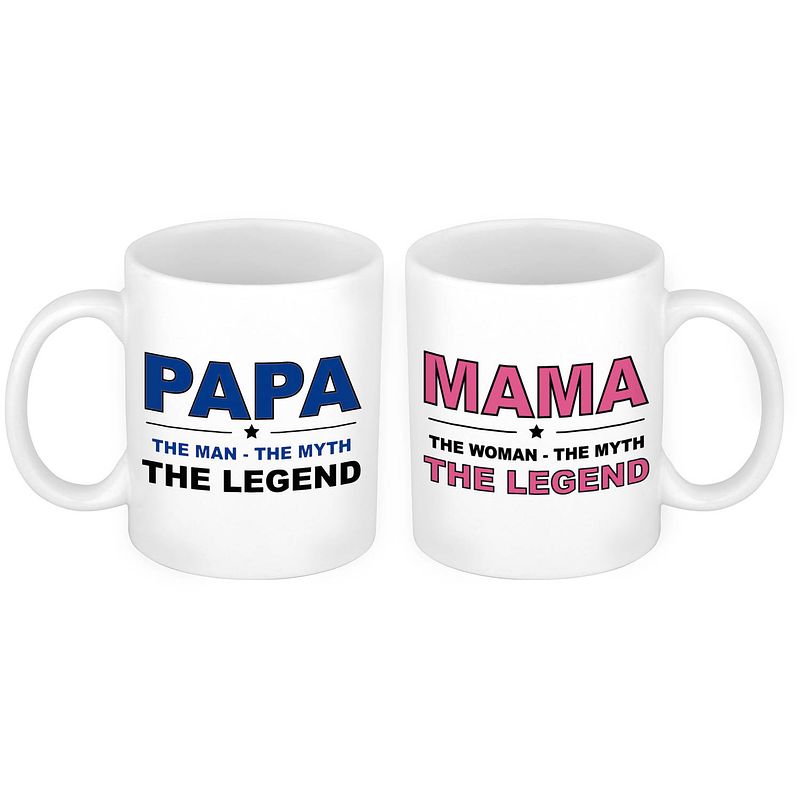 Foto van Papa en mama the legend mok - cadeau beker set voor papa en mama - feest mokken