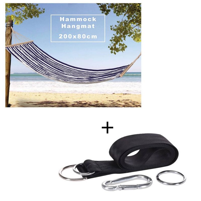 Foto van Pro garden hangmat / hammock - 200 x 80 cm -wit/blauw + incl. pro garden ophangset voor hangmat