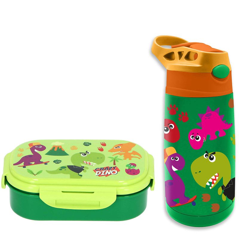 Foto van Crazy dino lunchbox set voor kinderen - 2-delig - groen - rvs/kunststof - lunchboxen