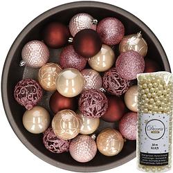 Foto van 37x stuks kunststof kerstballen 6 cm roze/donkerrood/champagne incl. kralenslinger - kerstbal