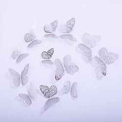Foto van Cake topper decoratie vlinders of muur decoratie met plakkers 12 stuks zilver - 3d vlinders - vl-03