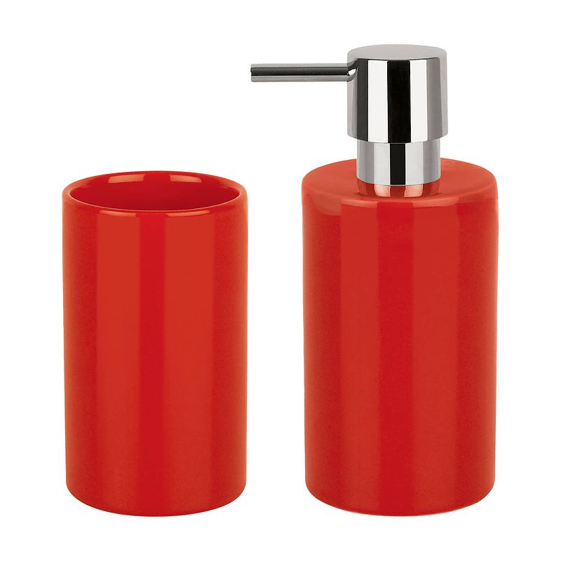 Foto van Spirella badkamer accessoires set - zeeppompje/beker - porselein - rood - badkameraccessoireset