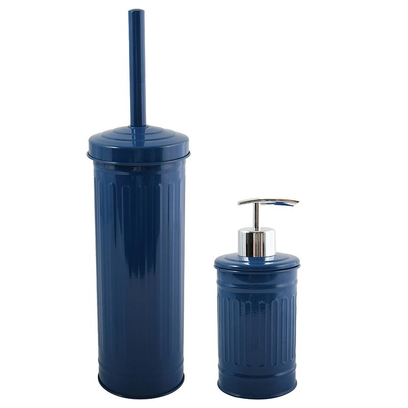 Foto van Msv toiletborstel in houder 38 cm/zeeppompje set industrial - metaal - blauw - badkameraccessoireset