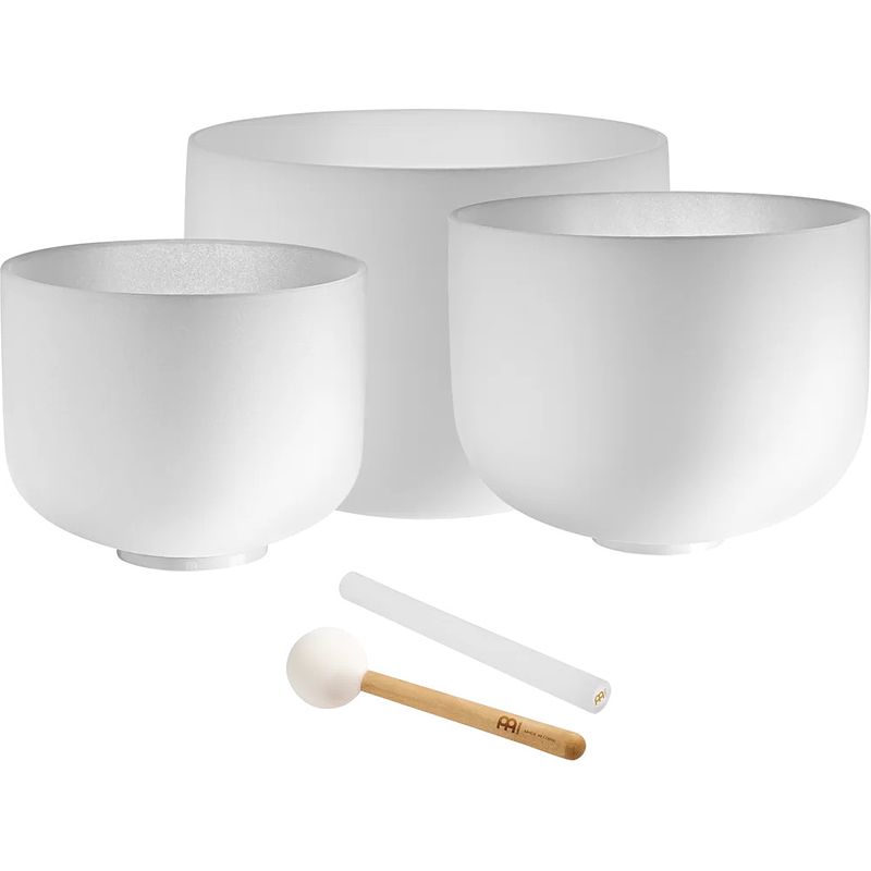 Foto van Meinl sonic energy white frosted crystal singing bowl klankschalen set (g4, e4, c4)