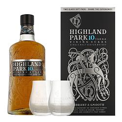 Foto van Highland park 10 years viking scars + 2 glazen 0.7 liter whisky