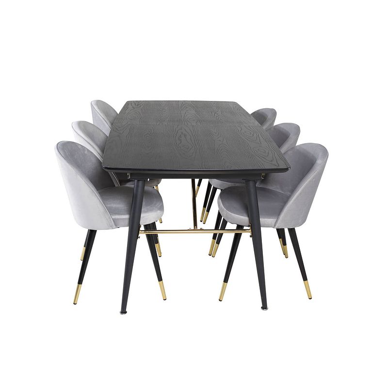 Foto van Gold eethoek eetkamertafel uitschuifbare tafel lengte cm 180 / 220 zwart en 6 velvet eetkamerstal velours lichtgrijs.