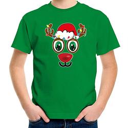 Foto van Bellatio decorations kerst t-shirt voor kinderen - rudolf gezicht - rendier - groen xl (164-176) - kerst t-shirts kind