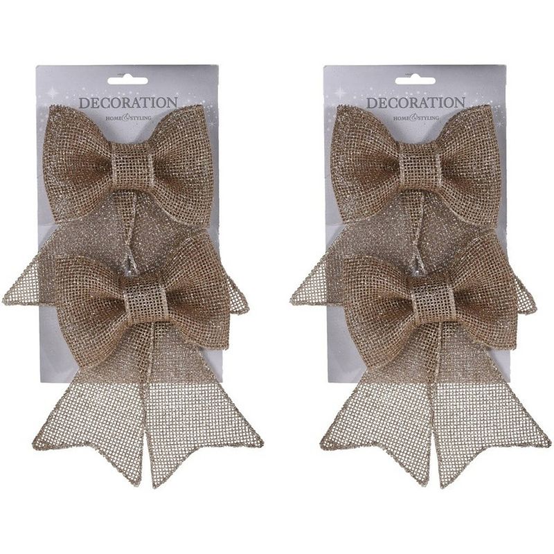 Foto van Champagne glitter strikken 4 stuks 18 cm - kerstversiering jute glitter strikjes 4 stuks